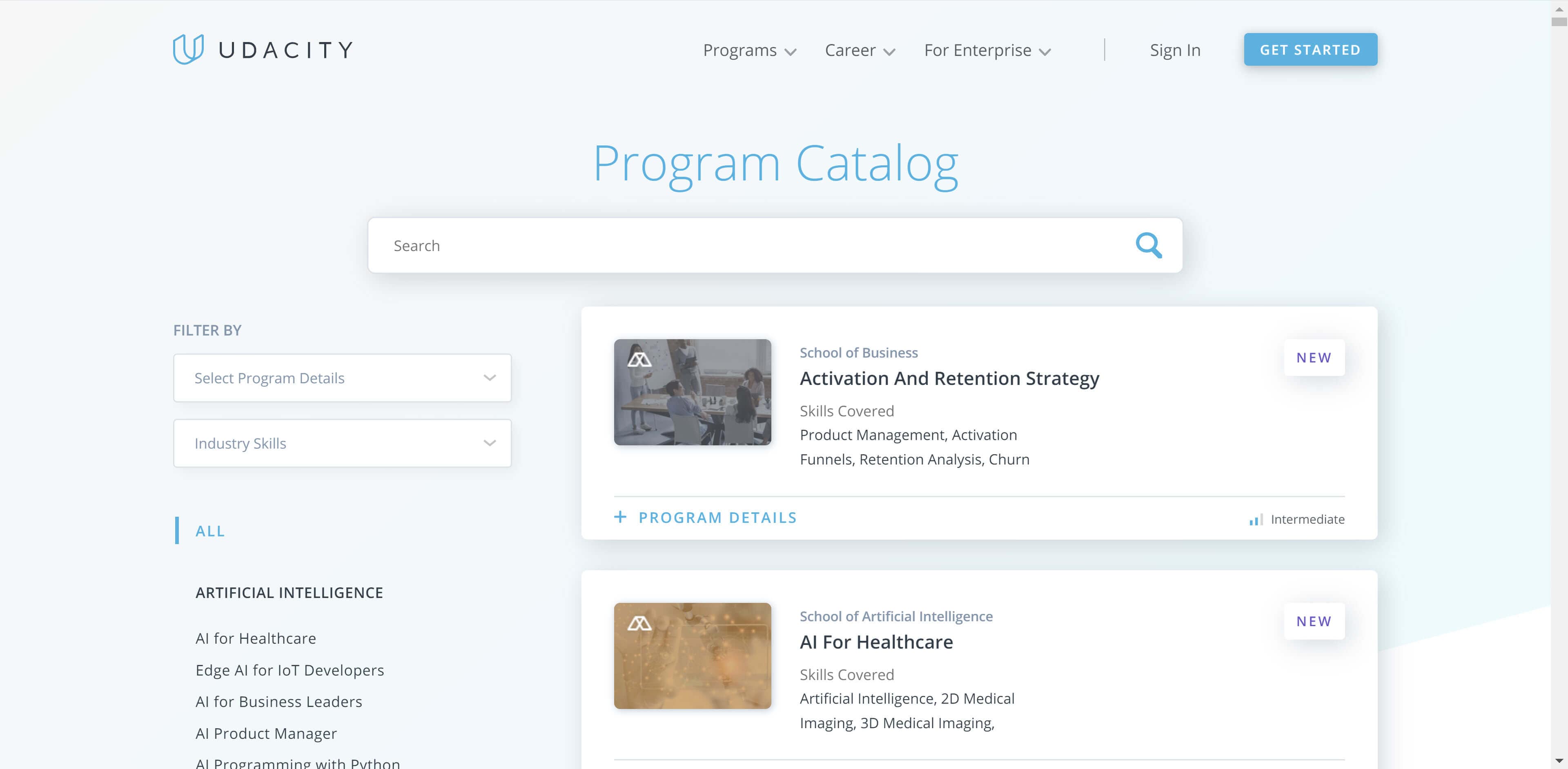 The Udacity site homepage.