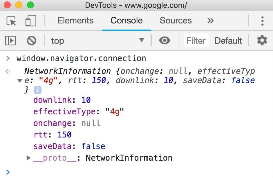 Chrome DevTools-Konsole mit den Werten der Attribute des navigator.connection-Objekts