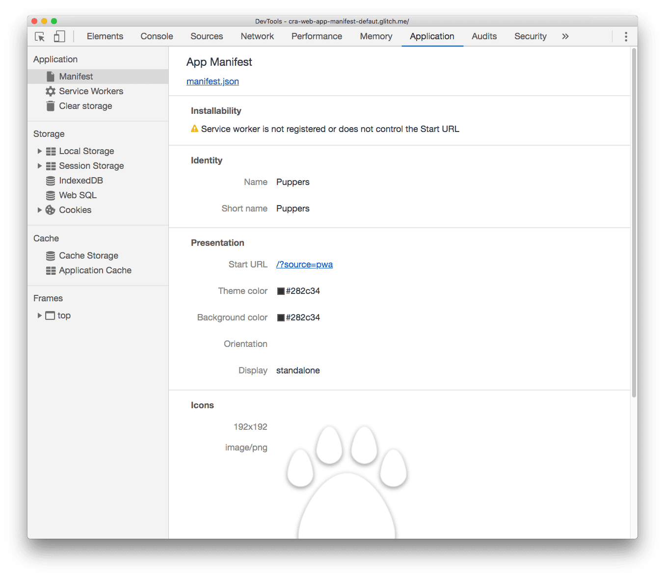 Auf dem Tab „Manifest“ des DevTools werden die Eigenschaften aus der App-Manifestdatei angezeigt.