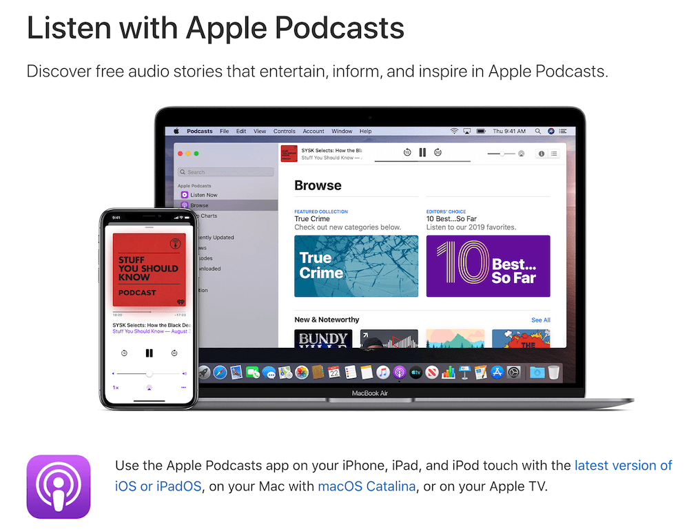 Un iPhone y una MacBook uno al lado del otro, ambos con la aplicación Podcasts en ejecución.