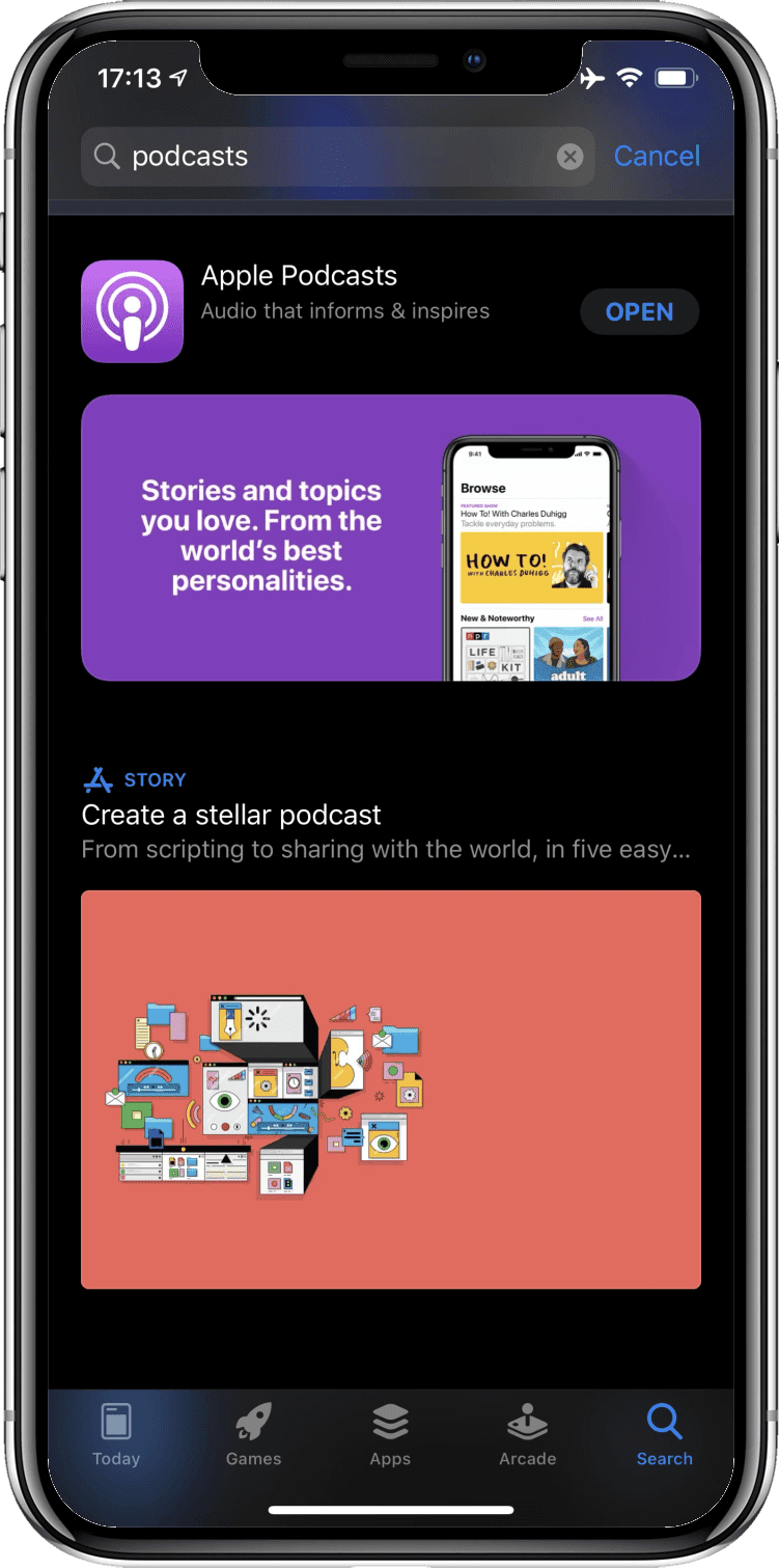การค้นหา "พอดแคสต์" ใน App Store ของ iOS จะแสดงแอปพอดแคสต์