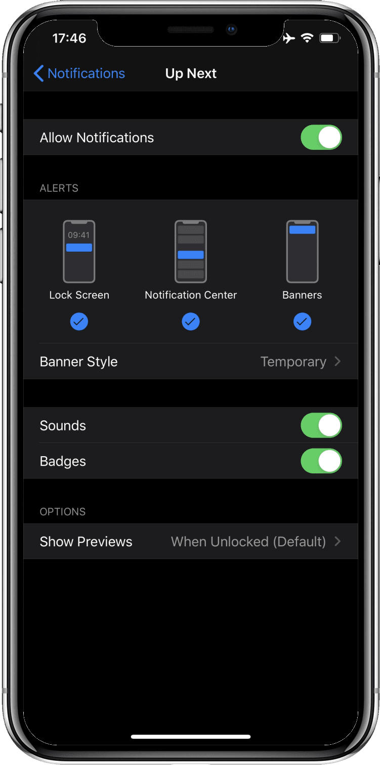 Pantalla de configuración de iOS que muestra el botón de activación "Badges" activado.