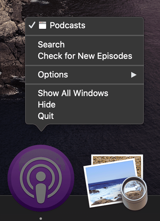 播客应用图标的上下文菜单，其中显示了“搜索”和“检查新分集”选项。