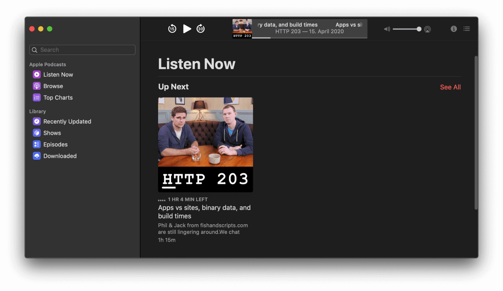 L'application Podcasts en mode sombre.