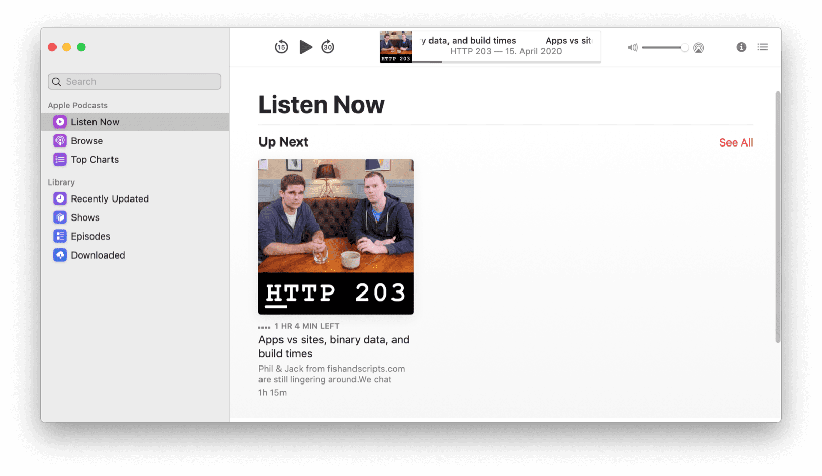 La app de Podcasts en modo claro.