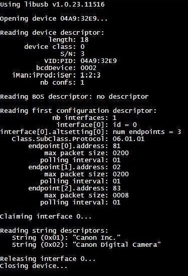Captura de pantalla del resultado de depuración de libusb en una página web, en la que se muestra información sobre la cámara Canon conectada