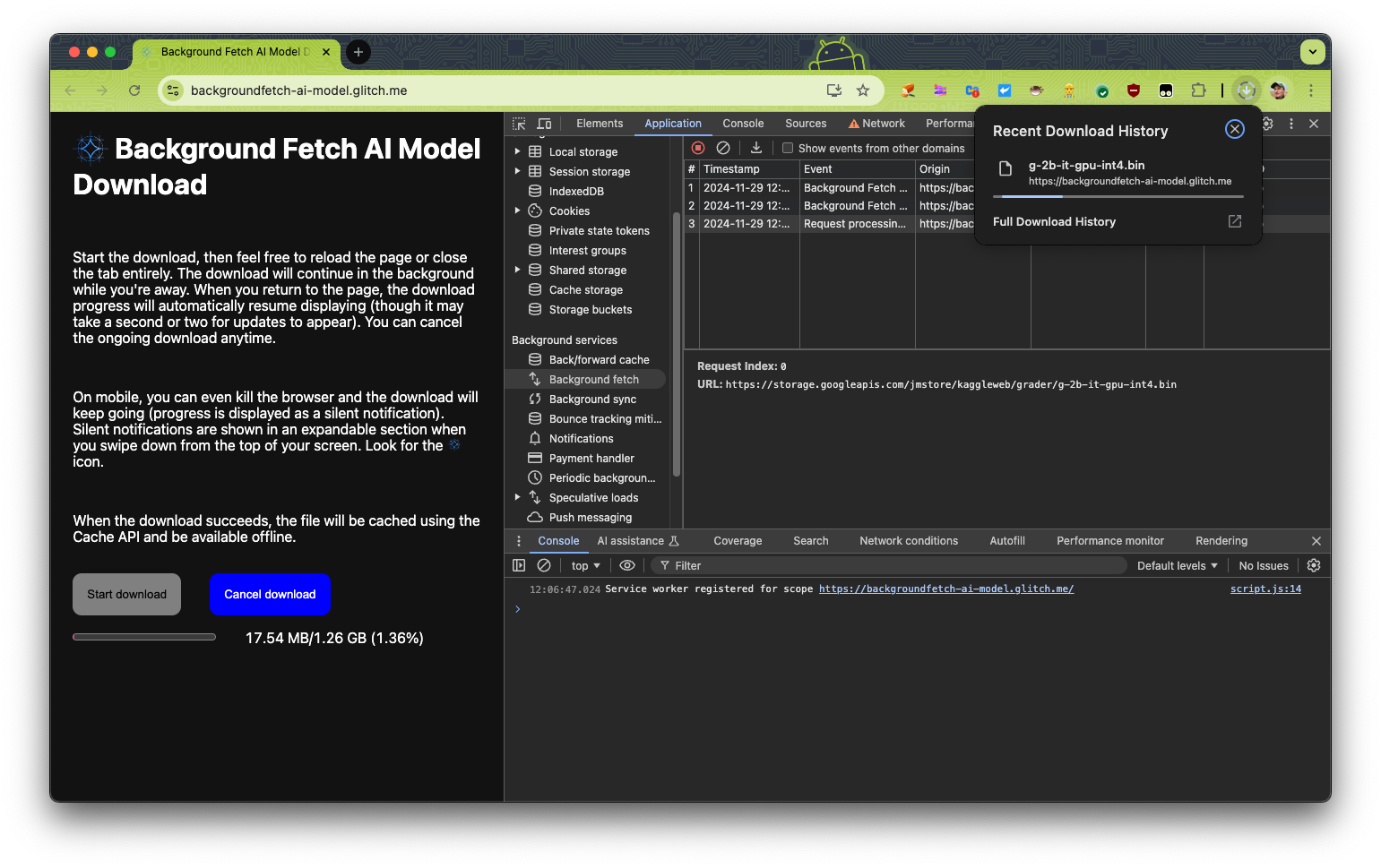 پنل برنامه Chrome DevTools برای دانلود Background Fetch باز است.