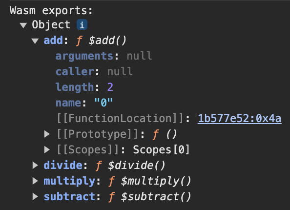 开发者工具控制台的屏幕截图，其中显示了 WebAssembly 模块导出项，包括四个函数：add、divide、multiply 和 subtract（但不包括未公开的死代码）。
