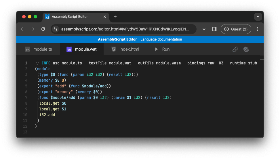 AssemblyScript Playground，显示了基于上一个示例生成的 WebAssembly 代码。