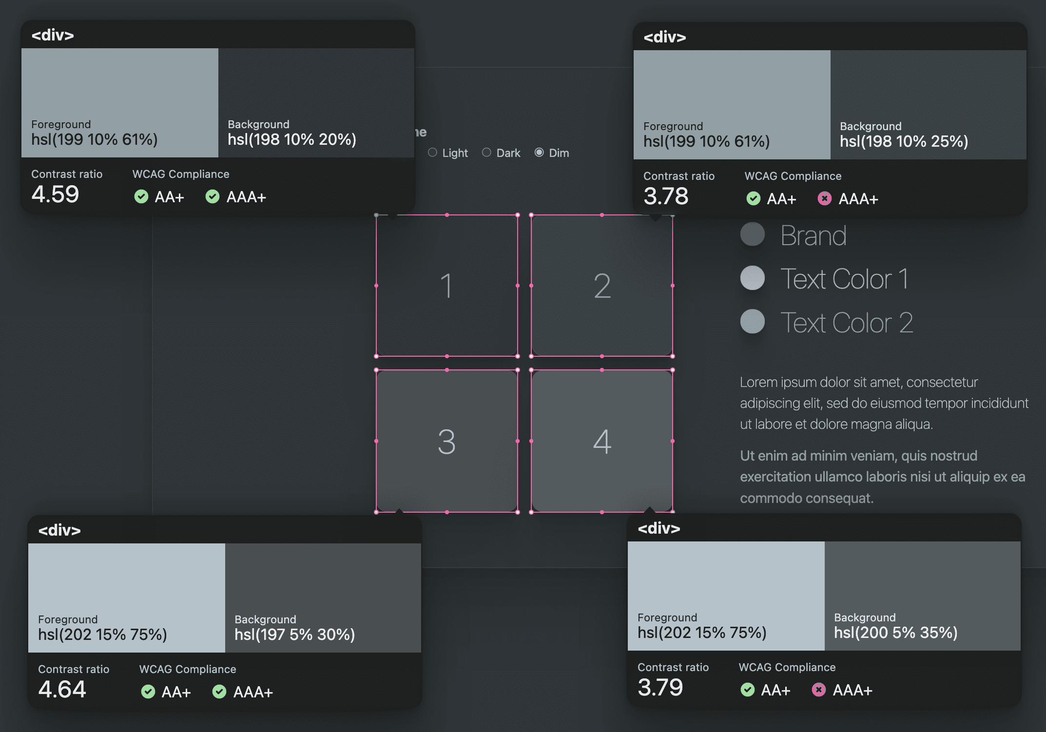Screenshot delle combinazioni di superficie e testo attenuate