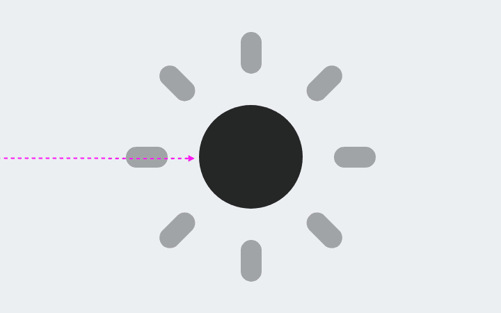 太陽のアイコン。太陽光線がフェードアウトし、中央の円を指すホットピンクの矢印が表示されています。