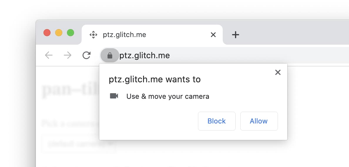Скриншот окна запроса пользователя PTZ-камеры в Chrome для macOS.