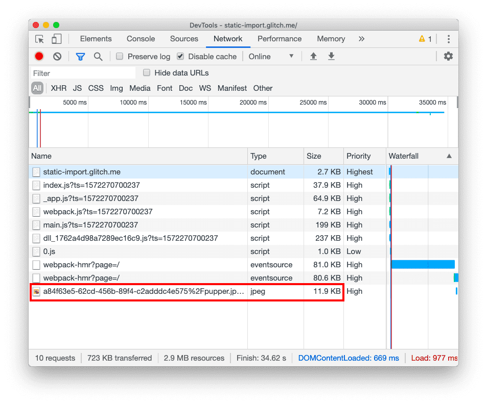 تب DevTools Network بعد از کلیک روی دکمه، همان شش فایل جاوا اسکریپت و یک تصویر را نشان می‌دهد.