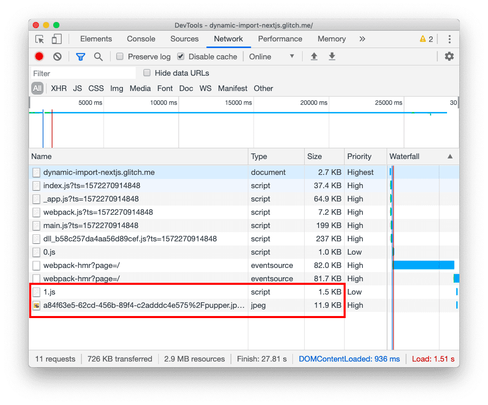 Pestaña Network de Herramientas para desarrolladores después de hacer clic en el botón, en la que se muestra el archivo 1.js adicional y la imagen agregada en la parte inferior de la lista de archivos.