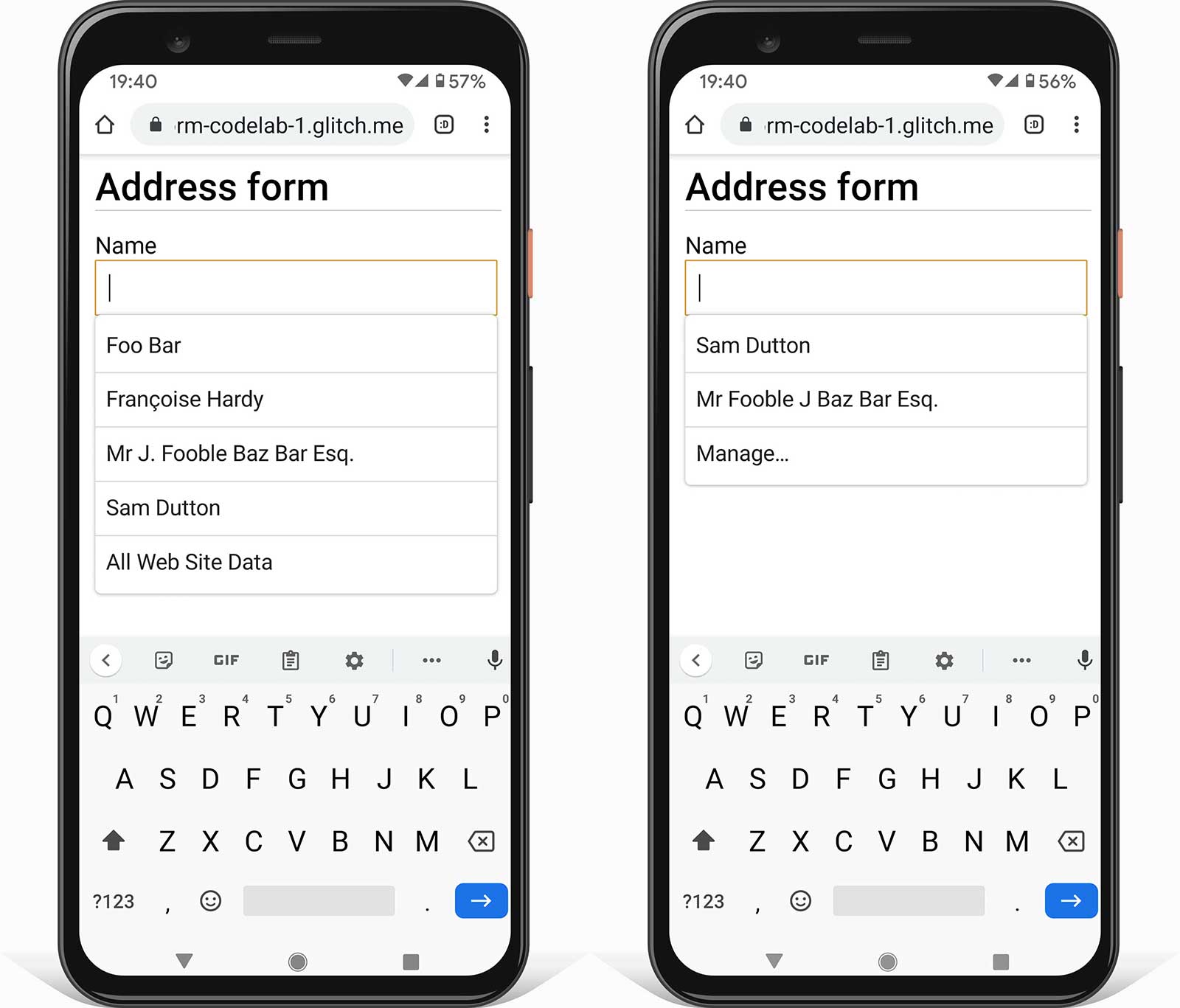 שני צילומי מסך של Chrome בטלפון Android שבהם מוצג טופס עם קלט יחיד, עם ערך להשלמה אוטומטית ובלי ערך להשלמה אוטומטית. באחד מוצג ממשק משתמש של דפדפן עם ערכים מוצעים היוריסטיים, ובשני מוצג ממשק משתמש עם ערכי השלמה אוטומטית שמורים.