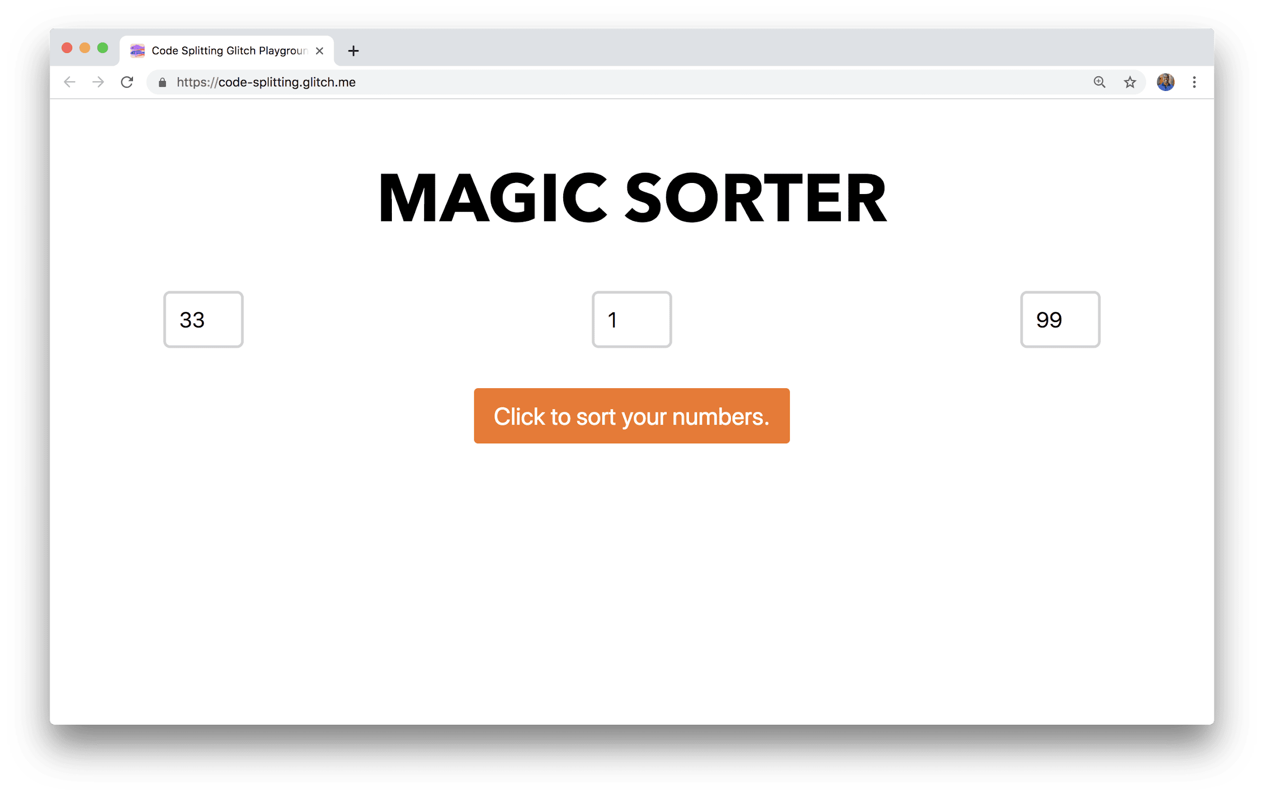 浏览器窗口显示一个名为“Magic Sorter”的应用，其中包含三个用于输入数字的字段和一个排序按钮。