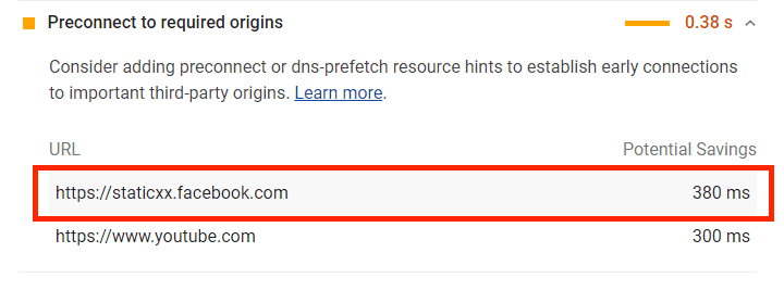 必須のドメインへの事前接続の監査。staticxx.facebook.com ドメインがハイライト表示されています。