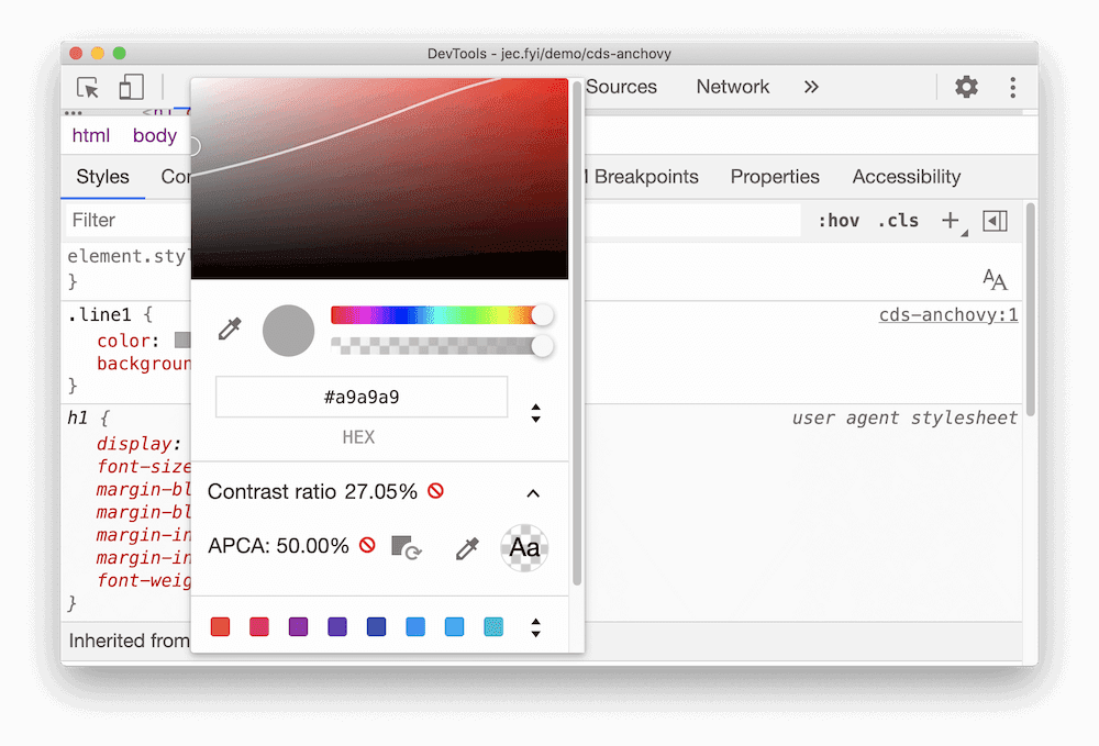 Chrome 中 APCA 功能的输出。