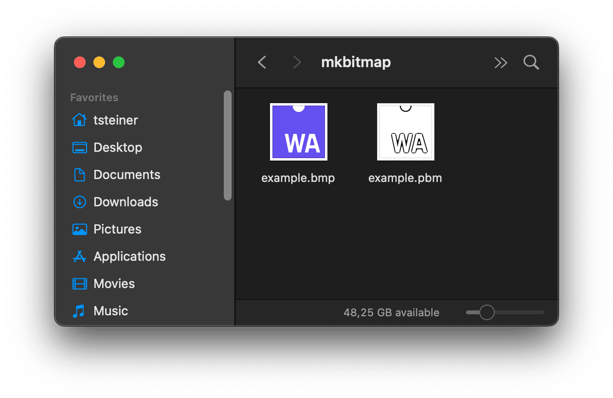 macOS Finder có bản xem trước của tệp .bmp đầu vào và tệp .pbm đầu ra.
