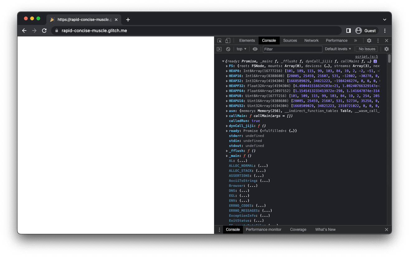 L'app mkbitmap con una schermata bianca che mostra l'oggetto Module registrato nella console DevTools.