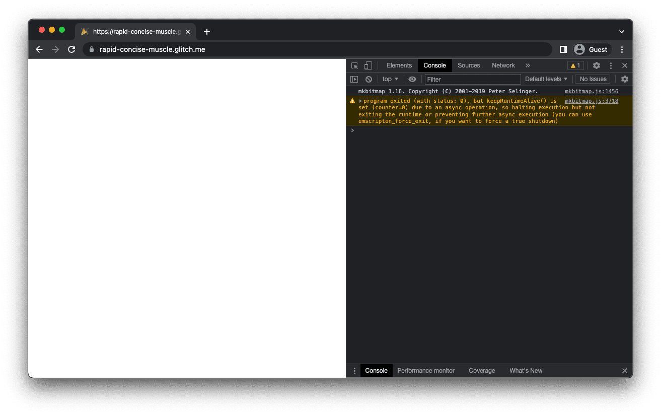 Die mkbitmap-App mit einem weißen Bildschirm, auf dem die mkbitmap-Versionsnummer in der DevTools-Konsole protokolliert wird.