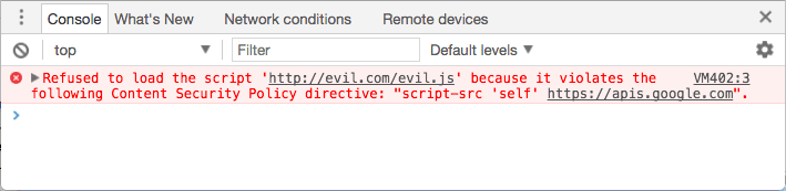 Konsolda hata: "http://evil.example.com/evil.js" komut dosyası, aşağıdaki İçerik Güvenliği Politikası yönergesini ihlal ettiği için yüklenmedi: script-src 'self' https://apis.google.com