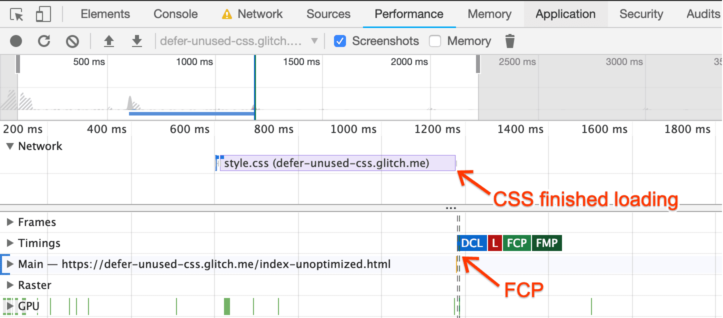 अनऑप्टिमाइज़ किए गए पेज के लिए DevTools परफ़ॉर्मेंस ट्रेस. इसमें दिखाया गया है कि सीएसएस लोड होने के बाद, FCP शुरू होता है.