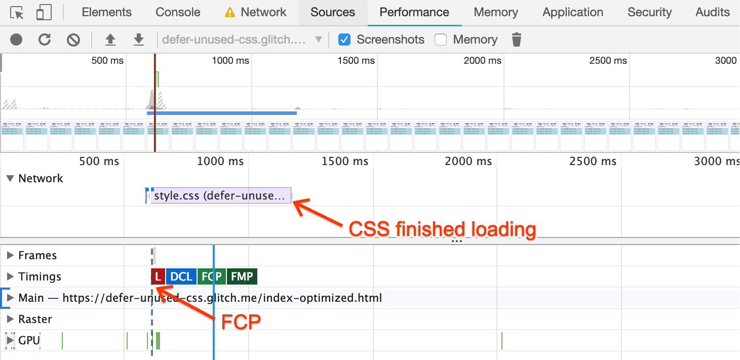 Rekaman aktivitas performa DevTools untuk halaman yang dioptimalkan, yang menampilkan FCP dimulai sebelum CSS dimuat.