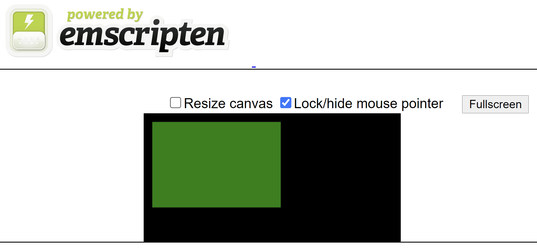 דף HTML שנוצר על ידי Emscripten, שבו מוצג מלבן ירוק על קנבס שחור.