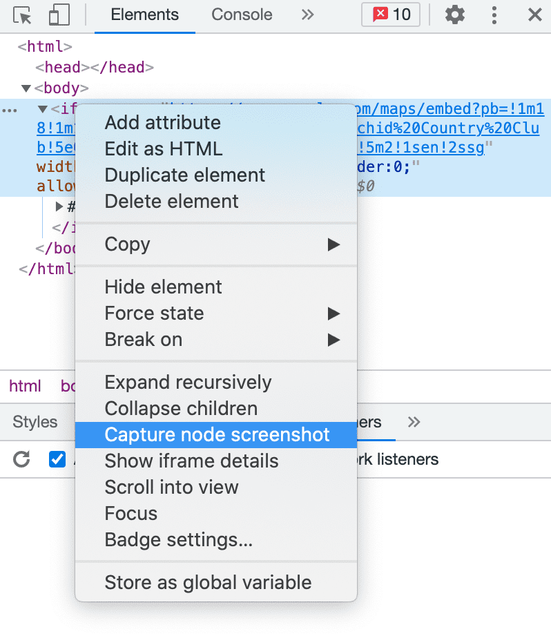 A opção "capturar captura de tela do nó" destacada em um menu contextual em um editor HTML.
