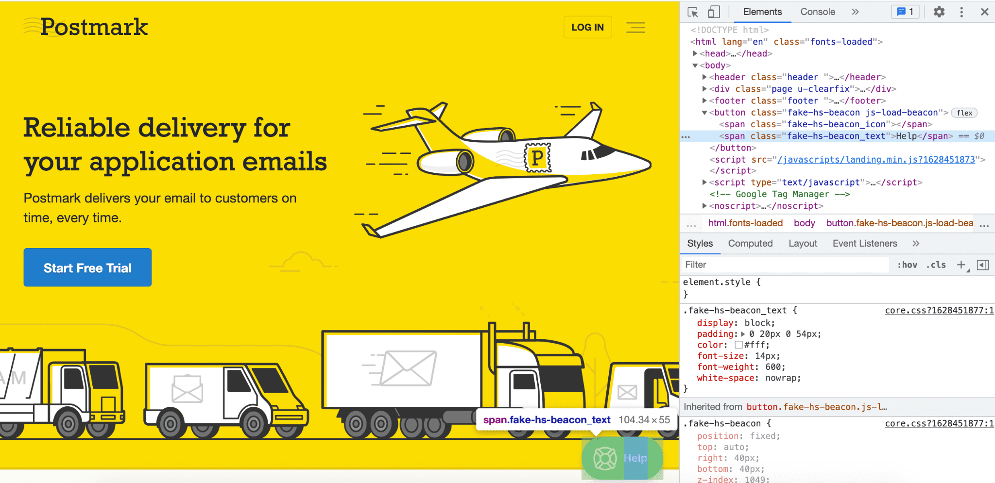 Widget de chat do Postmark em um editor HTML mostrando o código empacotado.