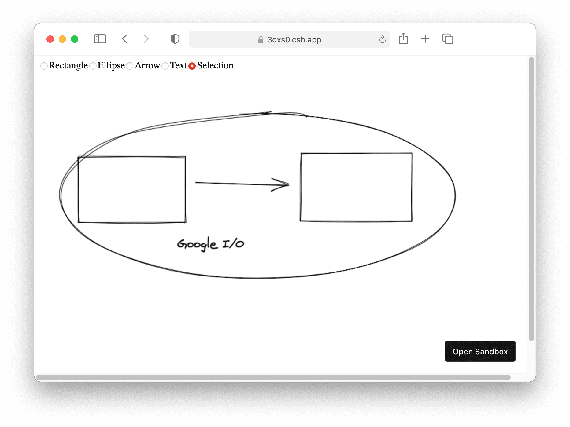 Excalidraw prototip uygulamasının dikdörtgenleri, okları, elipsleri ve metinleri desteklediğini gösteren ekran görüntüsü.