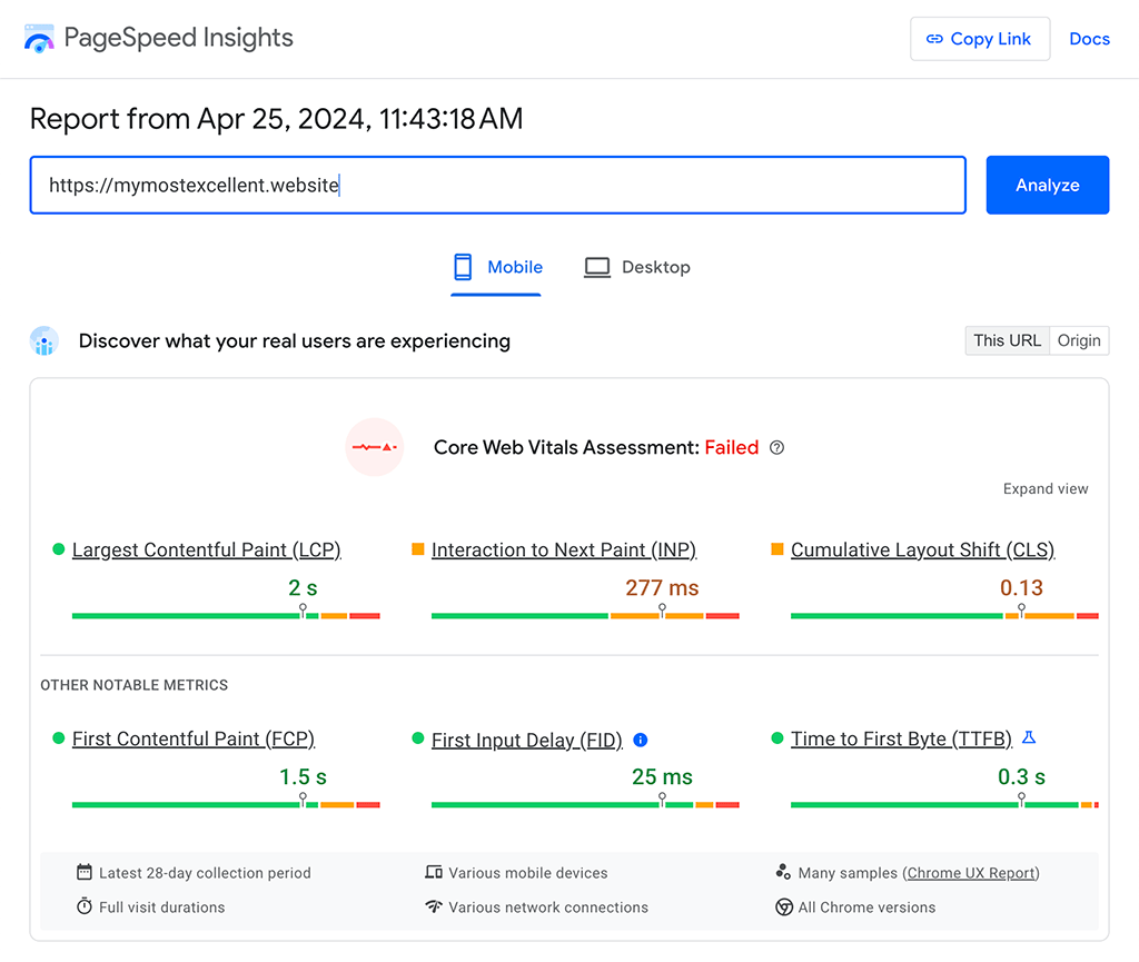 נתוני שטח כפי שמוצגים ב-CrUX בכלי PageSpeed Insights, עם המדדים LCP,‏ INP ו-CLS בשלושת המדדים הבסיסיים של חוויית המשתמש באתר, ועם המדדים TTFB ו-FCP כמדדים לאבחון, והמדד FID כמדד שהוצא משימוש של Core Web Vitals.