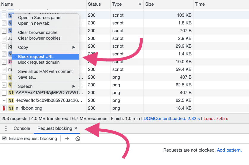 Capture d'écran du menu contextuel dans le panneau "Performances" de Chrome DevTools. L'option "Bloquer l'URL de la requête" est mise en évidence.