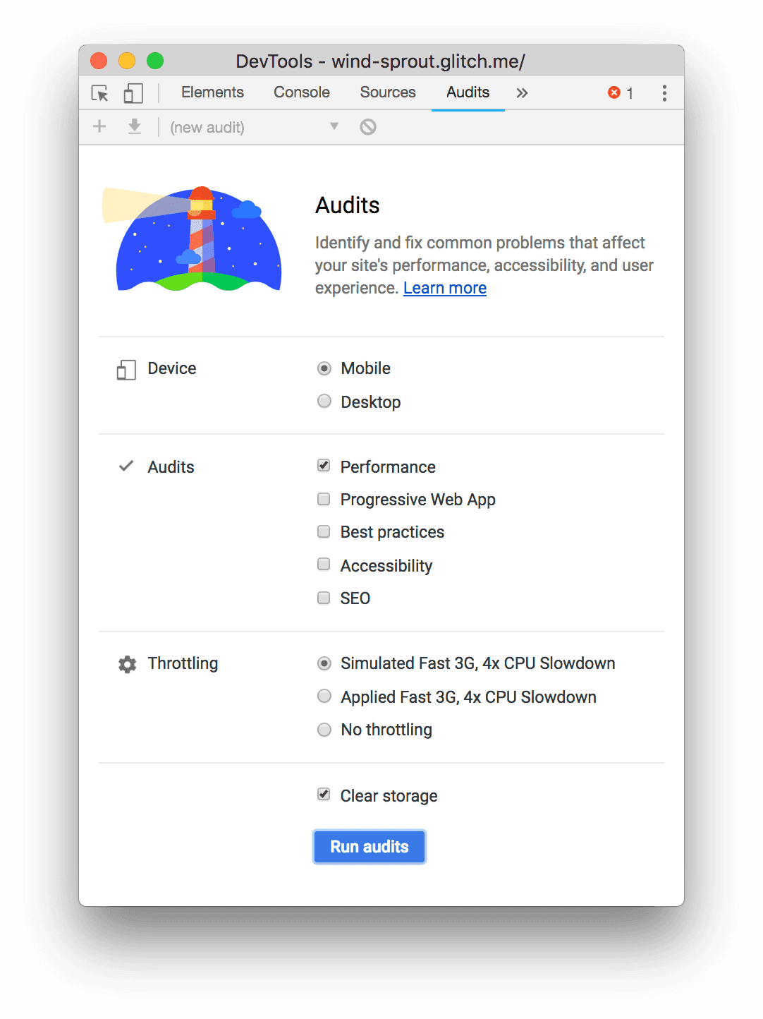 Chrome DevTools の [Audits] パネルのスクリーンショット。