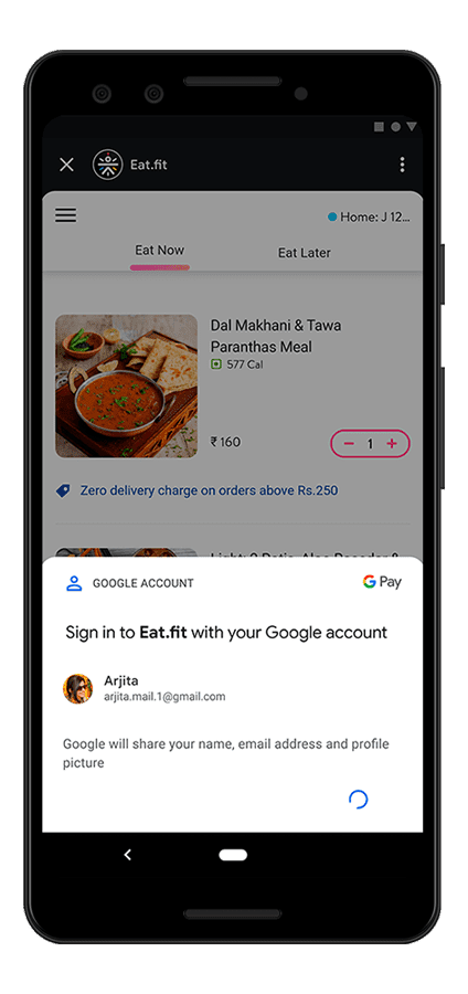 Miniaplikacja Eat.fit uruchamiana w superaplikacji Google Pay. Widok dolnego panelu logowania.
