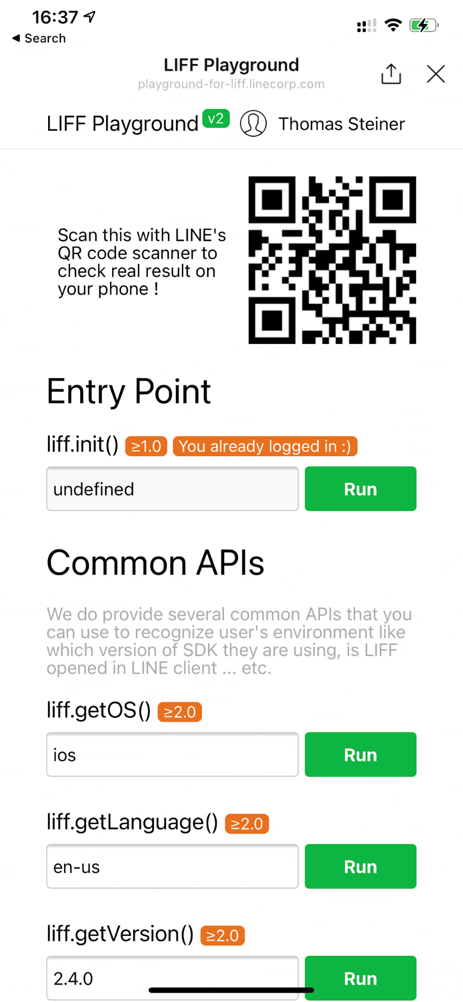 iOS 기기에서 실행 중인 LINE Playground 데모 앱으로, `liff.getOS()` 가 'ios'를 반환하는 것을 보여줍니다.
