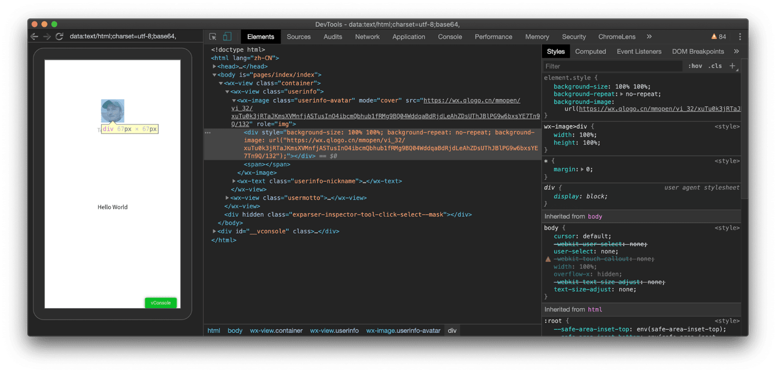 بررسی یک مینی‌اپلیکیشن WeChat که روی یک دستگاه واقعی با Chrome DevTools اجرا می‌شود. در حالی که WeChat DevTools گزارش داده بود که من به یک تگ `image` نگاه می‌کنم، Chrome DevTools نشان می‌دهد که من در واقع با یک عنصر سفارشی `wx-image` سر و کار دارم.
