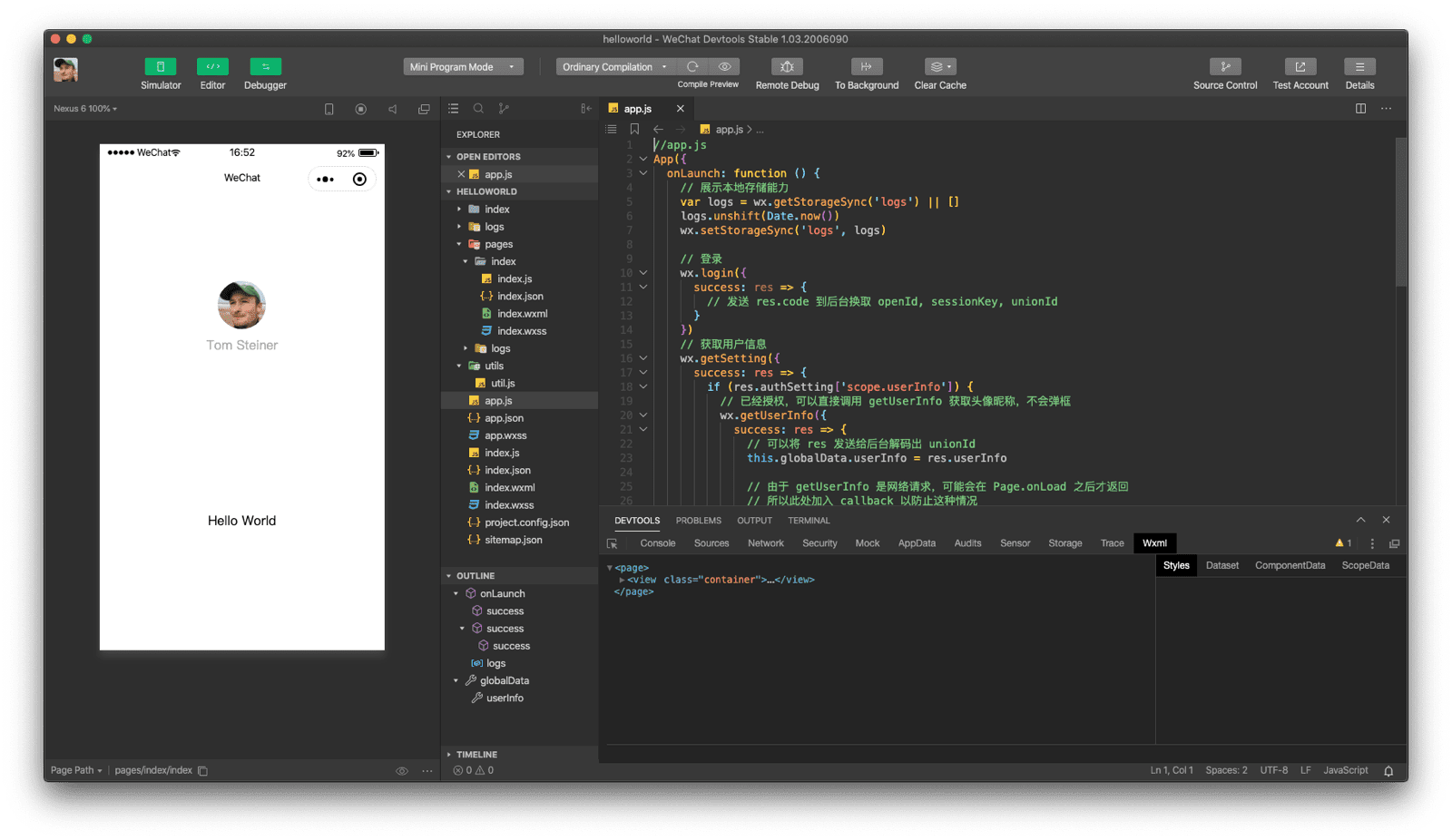 پنجره برنامه WeChat DevTools که شبیه‌ساز، ویرایشگر کد و اشکال‌زدا را نشان می‌دهد.