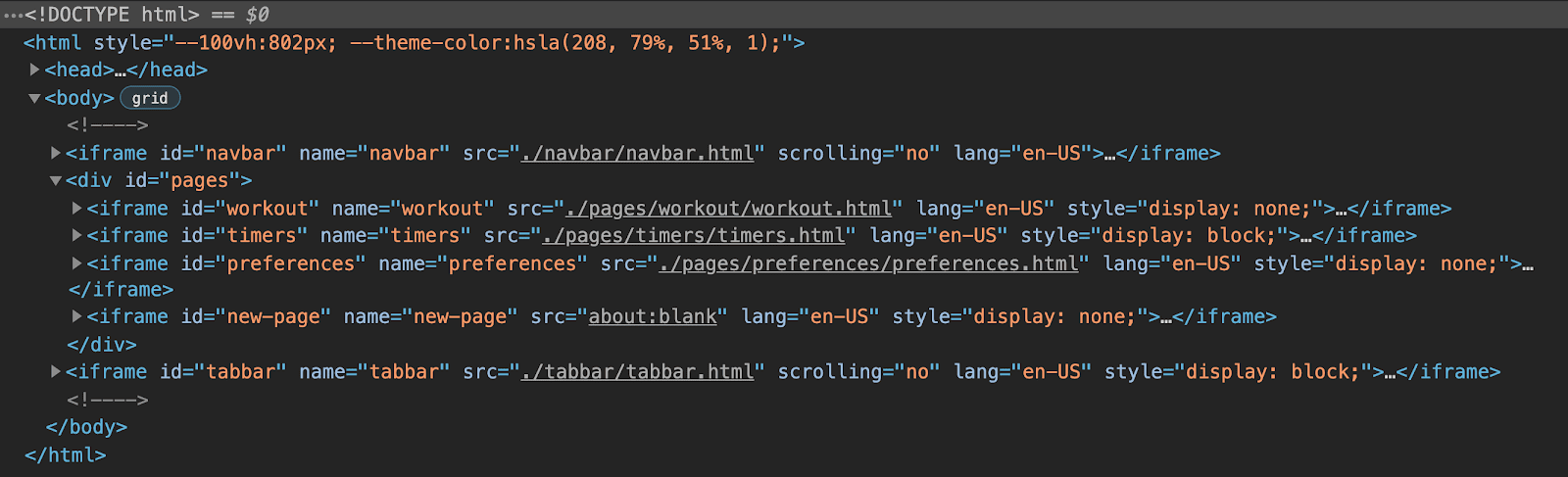 Tampilan Chrome DevTools dari struktur HTML aplikasi yang menunjukkan bahwa aplikasi terdiri dari enam iframe: satu untuk navbar, satu untuk tabbar, dan tiga iframe yang dikelompokkan untuk setiap halaman aplikasi, dengan satu iframe placeholder terakhir untuk halaman dinamis.