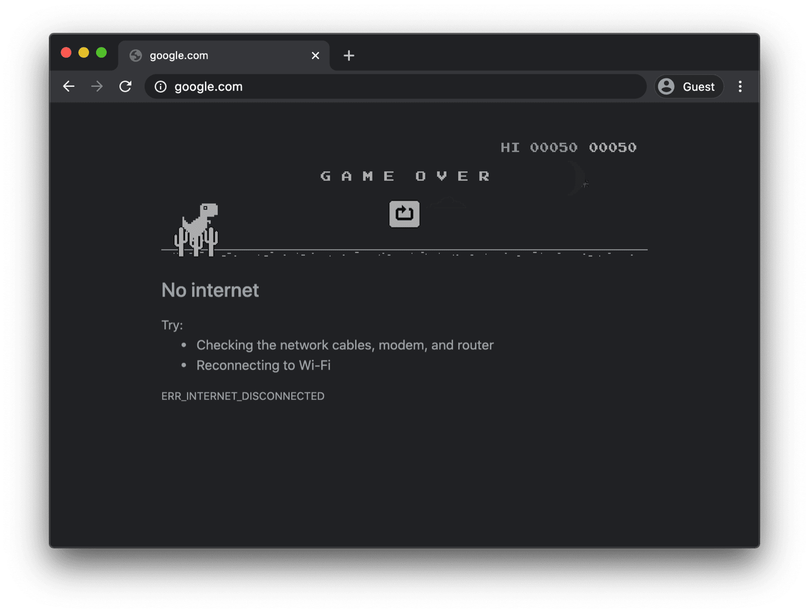 แอป Google Chrome บนเดสก์ท็อปแสดงเกมไดโนเสาร์แบบออฟไลน์