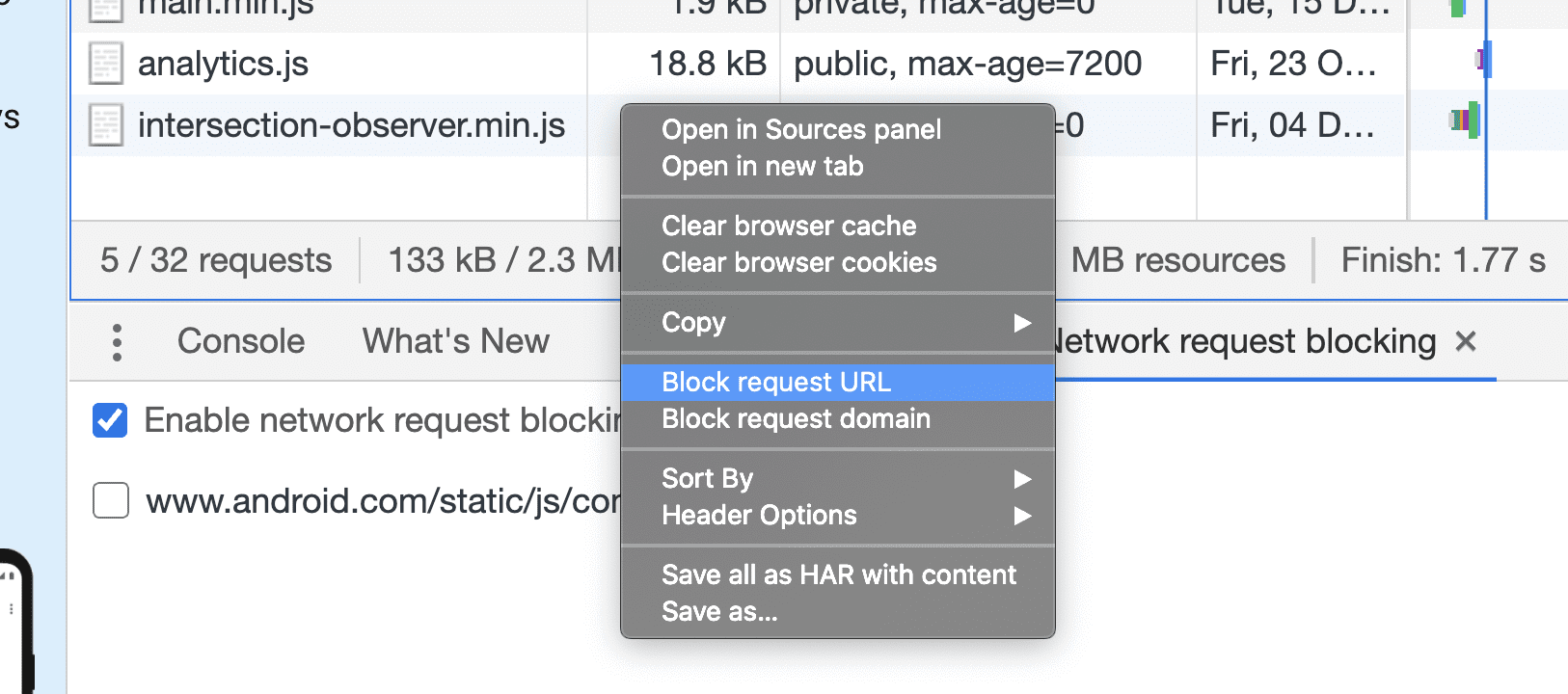 Geliştirici Araçları'nda istek URL'lerini engelleme