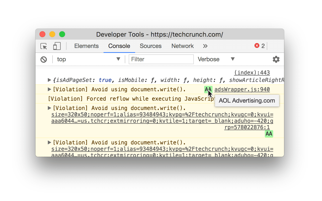 document.write() kullanarak üçüncü taraf yerleşik öğelerle ilgili ihlalleri vurgulayan DevTools konsol uyarıları