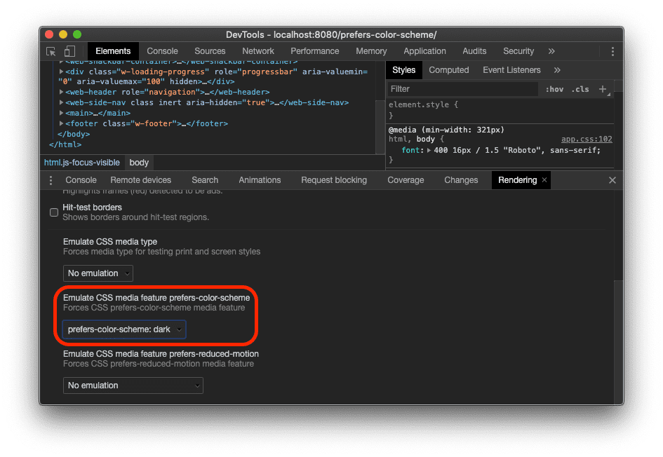 螢幕截圖：Chrome 開發人員工具「算繪」分頁中的「模擬 CSS 媒體功能 prefers-color-scheme」選項。