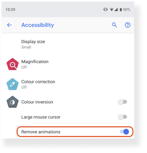 La pantalla de configuración de Android con la casilla de verificación "Quitar animaciones" marcada.