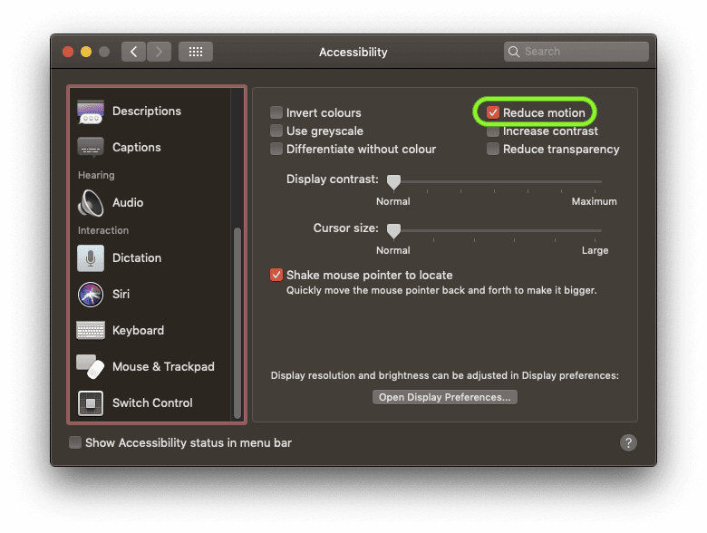 صفحه تنظیمات macOS که کادر انتخاب «کاهش حرکت» علامت خورده است.