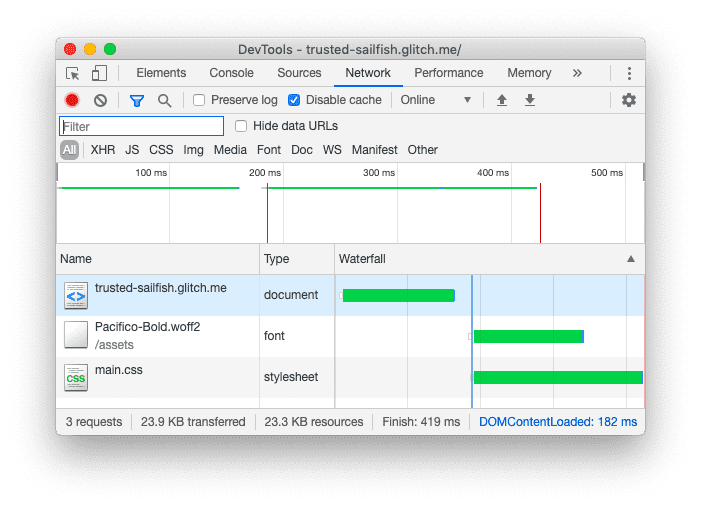 プリロードを適用した後の Chrome DevTools の [ネットワーク] パネルのスクリーンショット。