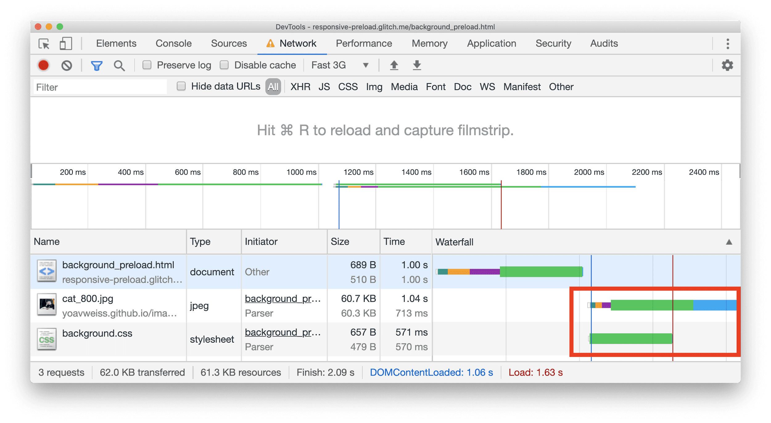 Chrome Geliştirici Araçları Ağ panelinde, bazı CSS'lerle paralel olarak indirilen bir JPEG kaynağı içeren bir şelale gösteriliyor.