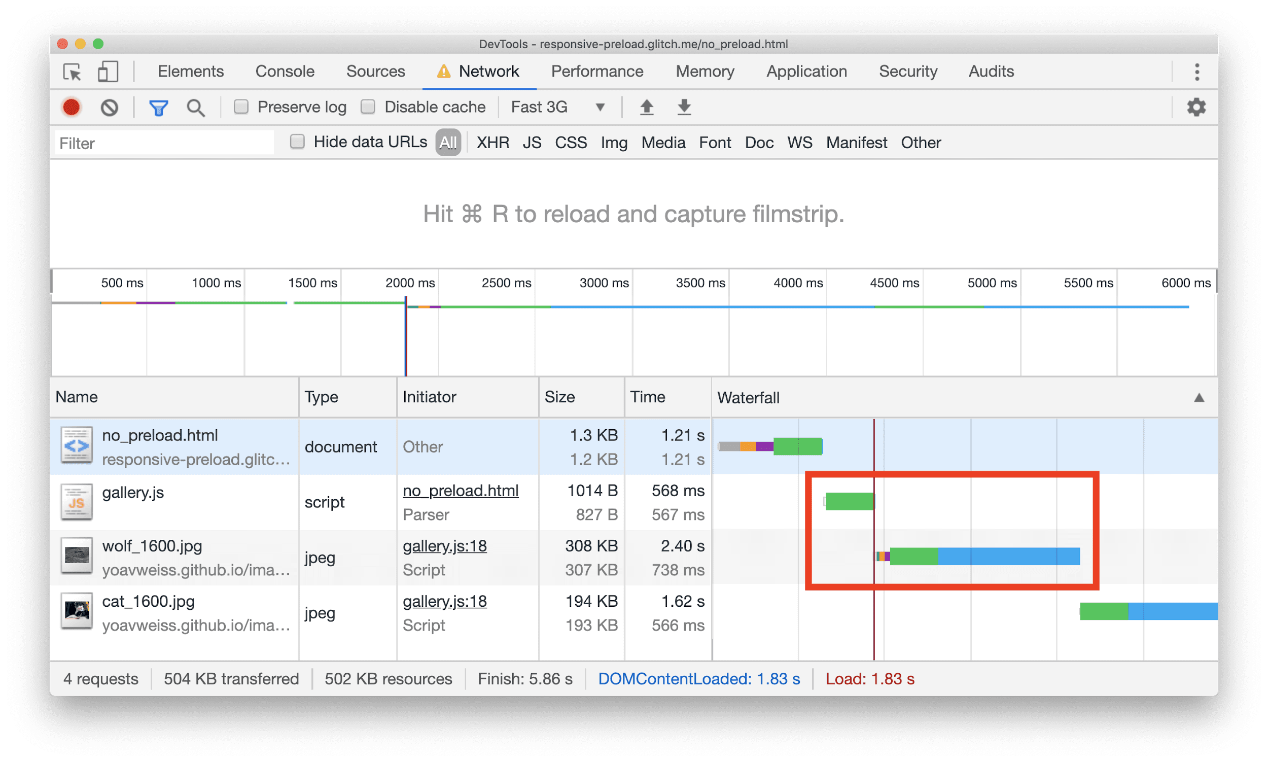 แผงเครือข่ายของเครื่องมือสำหรับนักพัฒนาเว็บใน Chrome แสดง Waterfall ที่มีทรัพยากร JPEG ซึ่งเริ่มดาวน์โหลดหลังจาก JavaScript บางรายการเท่านั้น