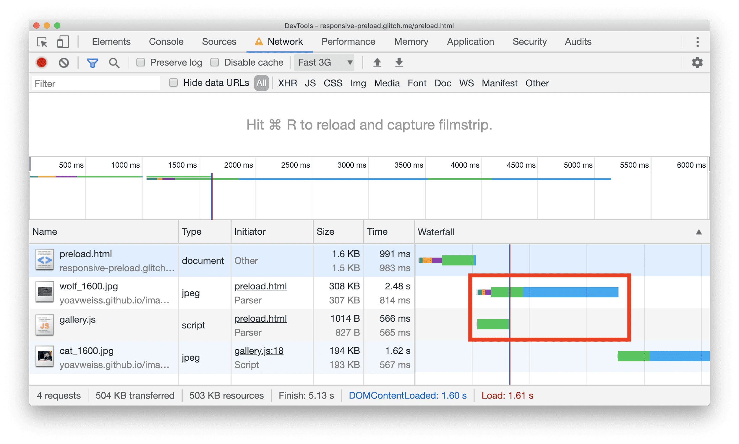 แผงเครือข่ายของเครื่องมือสำหรับนักพัฒนาเว็บใน Chrome แสดงวอเตอร์ฟอลล์ที่มีทรัพยากร JPEG ซึ่งดาวน์โหลดควบคู่ไปกับ JavaScript บางรายการ